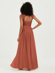 Sweetheart Chiffon Dresses with Lace Cap Sleeves Rust