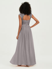 Sweetheart Chiffon Dresses with Lace Cap Sleeves Silver