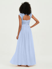 Sweetheart Chiffon Dresses with Lace Cap Sleeves Sky Blue
