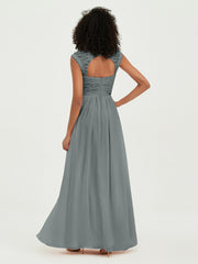 Sweetheart Chiffon Dresses with Lace Cap Sleeves Steel Grey