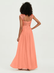 Sweetheart Chiffon Dresses with Lace Cap Sleeves Sunset