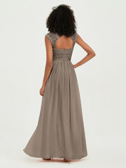 Sweetheart Chiffon Dresses with Lace Cap Sleeves Taupe