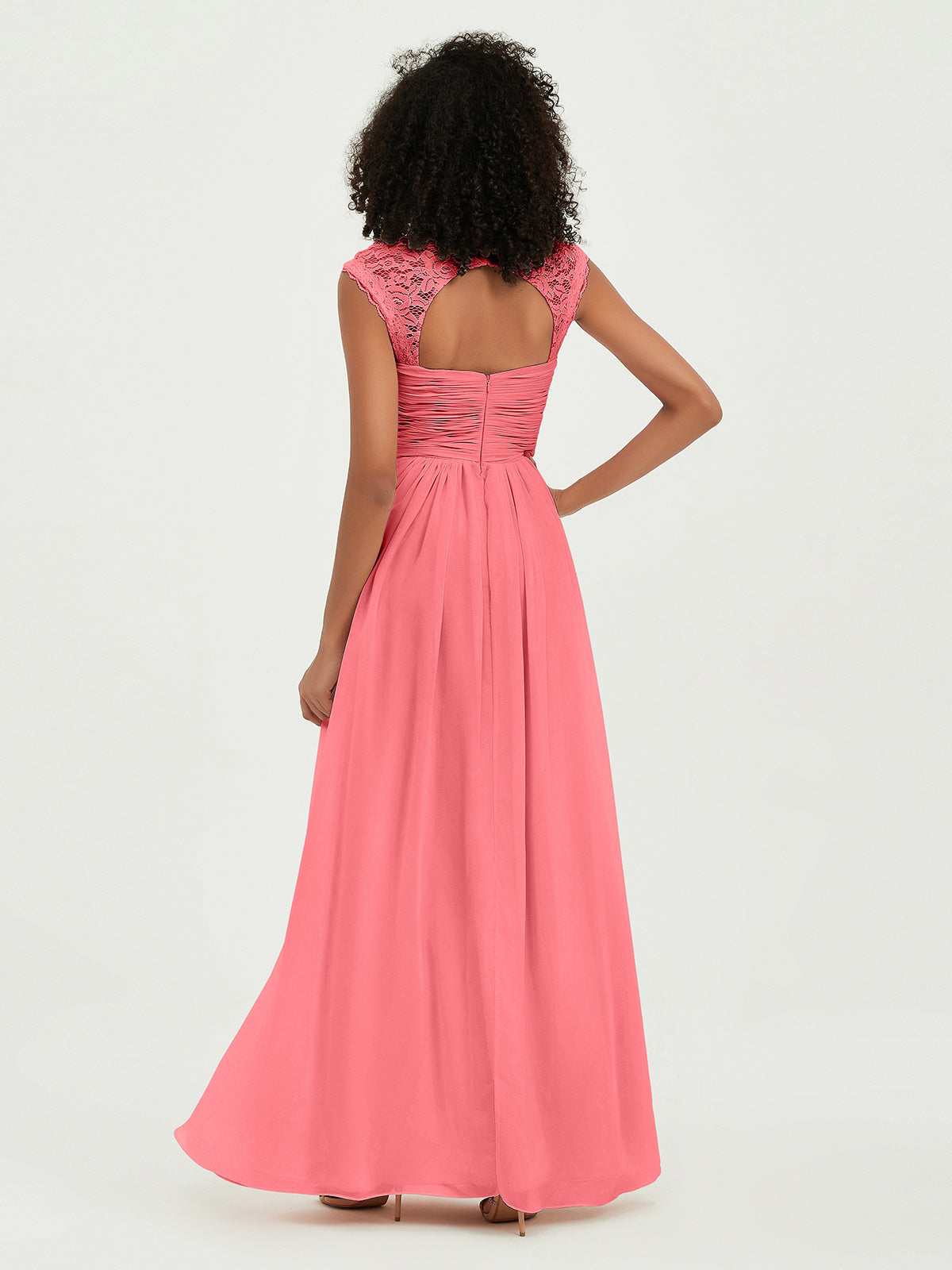 Sweetheart Chiffon Dresses with Lace Cap Sleeves Watermelon