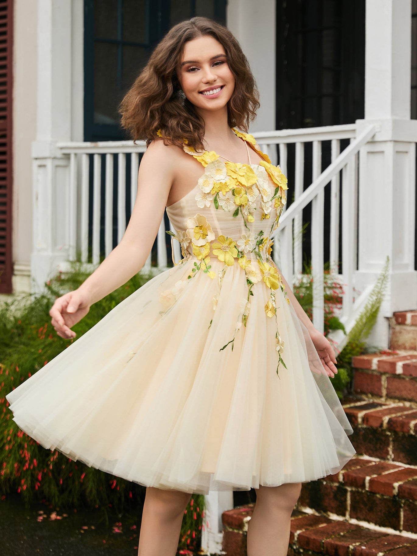 BABARONI Tulle Daffodil Homecoming Dresses A-line Square Floral Lace-up BABARONI Tulle Daffodil Homecoming Dresses A-line Square Floral Lace-up