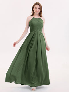 Long Chiffon Halter Bridesmaid Dresses-Olive Green