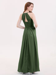 Long Chiffon Halter Bridesmaid Dresses-Olive Green Plus Size