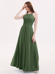 Long Chiffon Halter Bridesmaid Dresses-Olive Green