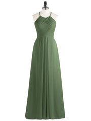 Long Chiffon Halter Bridesmaid Dresses-Olive Green