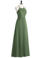 Long Chiffon Halter Bridesmaid Dresses-Olive Green Plus Size