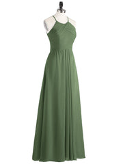 Long Chiffon Halter Bridesmaid Dresses-Olive Green