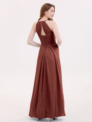 Long Chiffon Halter Bridesmaid Dresses-Terracotta Plus Size