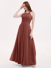 Long Chiffon Halter Bridesmaid Dresses-Terracotta