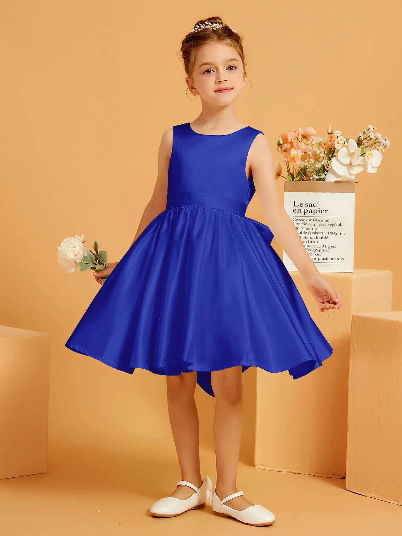 A-Line Bow Short Flower Girl Dress Royal Blue – BABARONI