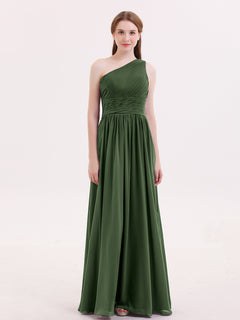 One Shoulder Chiffon Long Bridemaid Dresses-Olive Green