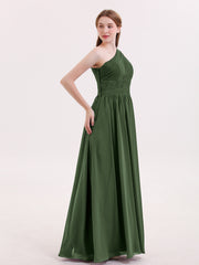 One Shoulder Chiffon Long Bridemaid Dresses-Olive Green Plus Size