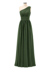One Shoulder Chiffon Long Bridemaid Dresses-Olive Green
