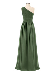 One Shoulder Chiffon Long Bridemaid Dresses-Olive Green Plus Size