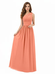 One Shoulder Chiffon Long Bridemaid Dresses-Sunset