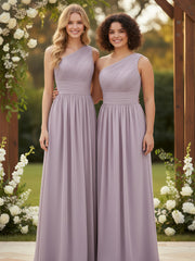 One Shoulder Chiffon Long Bridemaid Dresses-Sunset