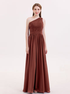 One Shoulder Chiffon Long Bridemaid Dresses-Terracotta