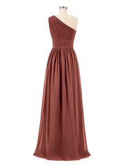 One Shoulder Chiffon Long Bridemaid Dresses-Terracotta