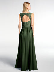 V-neck Lace Top Chiffon Skirt Maxi Dress-Olive Green Plus Size