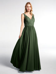 V-neck Lace Top Chiffon Skirt Maxi Dress-Olive Green