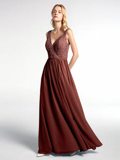 V-neck Lace Top Chiffon Skirt Maxi Dress-Terracotta