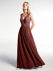 V-neck Lace Top Chiffon Skirt Maxi Dress-Terracotta Plus Size