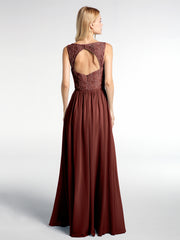V-neck Lace Top Chiffon Skirt Maxi Dress-Terracotta