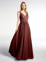 V-neck Lace Top Chiffon Skirt Maxi Dress-Terracotta Plus Size