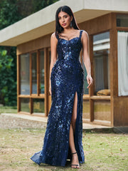 Sheath/Column Sweetheart Sequins Prom Dress with Slit Dark Navy