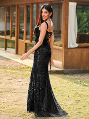 Sheath/Column Sweetheart Sequins Prom Dress with Slit Black