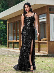 Sheath/Column Sweetheart Sequins Prom Dress with Slit Black