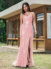 Sheath/Column Sweetheart Sequins Prom Dress with Slit Blushing Pink