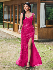 Sheath/Column Sweetheart Sequins Prom Dress with Slit Fuchsia