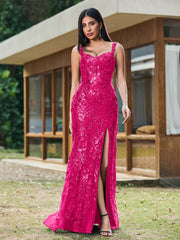 Sheath/Column Sweetheart Sequins Prom Dress with Slit Fuchsia