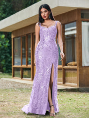 Sheath/Column Sweetheart Sequins Prom Dress with Slit Lilac
