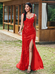 Sheath/Column Sweetheart Sequins Prom Dress with Slit Red