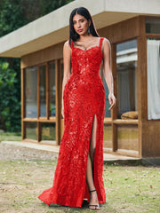 Sheath/Column Sweetheart Sequins Prom Dress with Slit Red