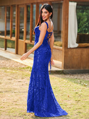 Sheath/Column Sweetheart Sequins Prom Dress with Slit Royal Blue