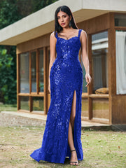 Sheath/Column Sweetheart Sequins Prom Dress with Slit Royal Blue