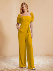 Square Neckline Half Sleeves Jumpsuit Marigold