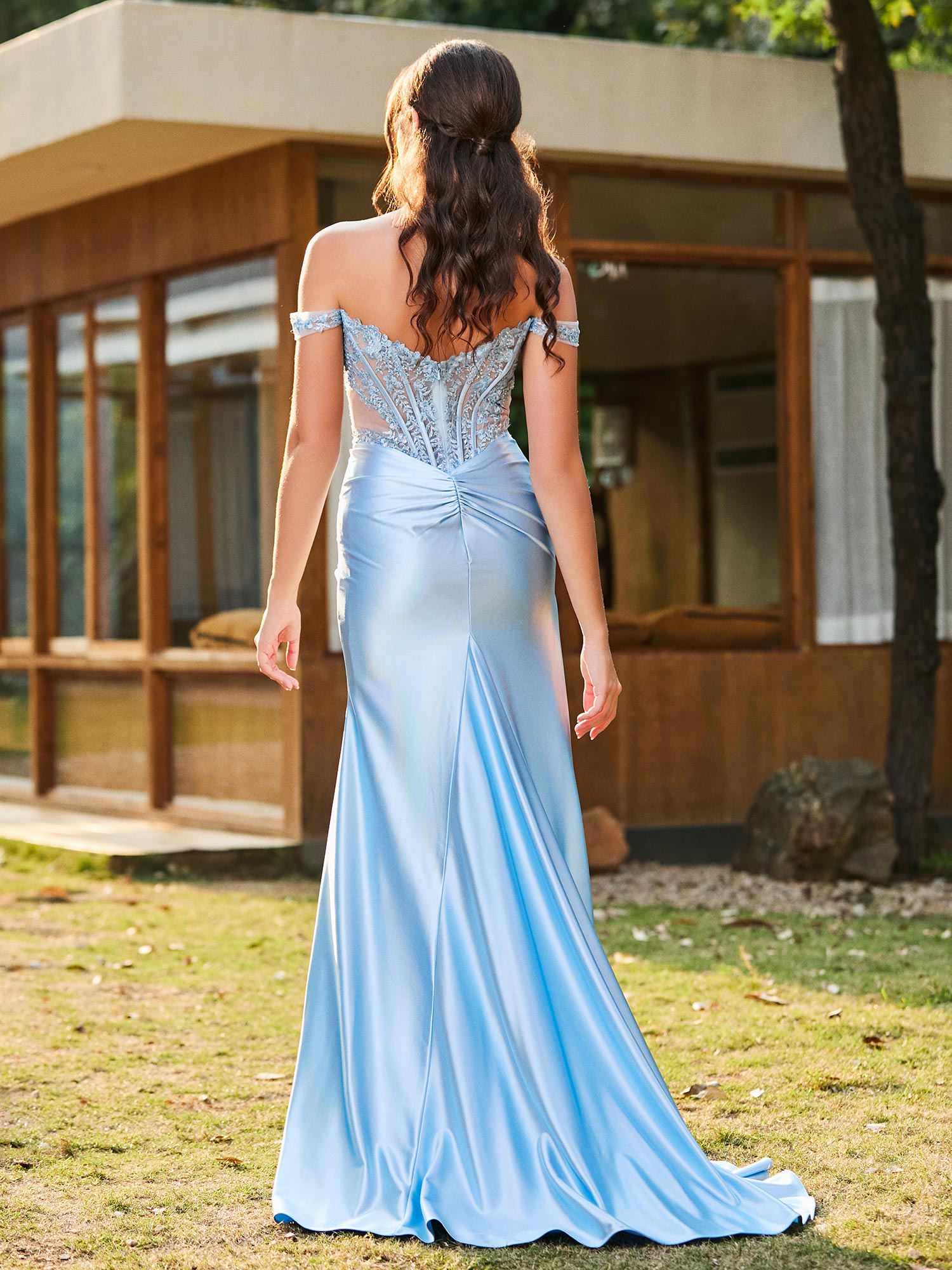 BABARONI Stretch Satin Sky Blue Prom Dresses Trumpet/Mermaid Off-the ...
