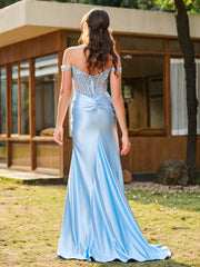 Trumpet/Mermaid Lace Appliqued Ruched Dress with Slit Sky Blue