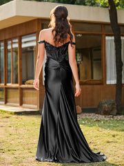 Trumpet/Mermaid Lace Appliqued Ruched Dress with Slit Black