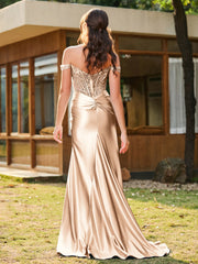 Trumpet/Mermaid Lace Appliqued Ruched Dress with Slit Champagne