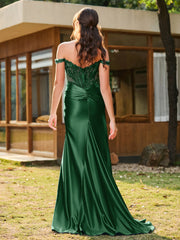 Trumpet/Mermaid Lace Appliqued Ruched Dress with Slit Dark Green