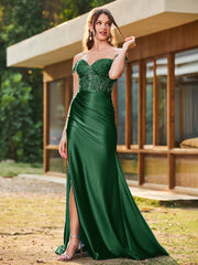 Trumpet/Mermaid Lace Appliqued Ruched Dress with Slit Dark Green