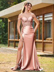 Trumpet/Mermaid Lace Appliqued Ruched Dress with Slit Dusty Rose